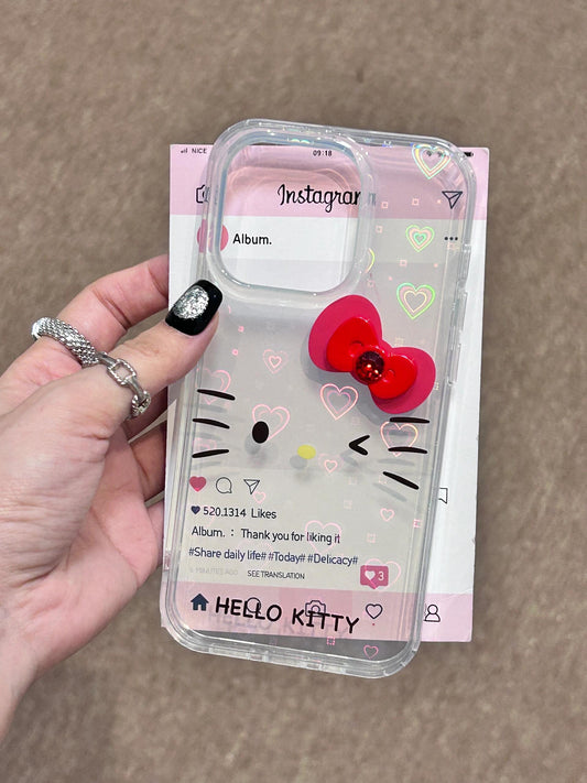 Hellokitty 3D Red Bow Clear Holographic Subtle Heart Cute Kawaii Phone Case #0036