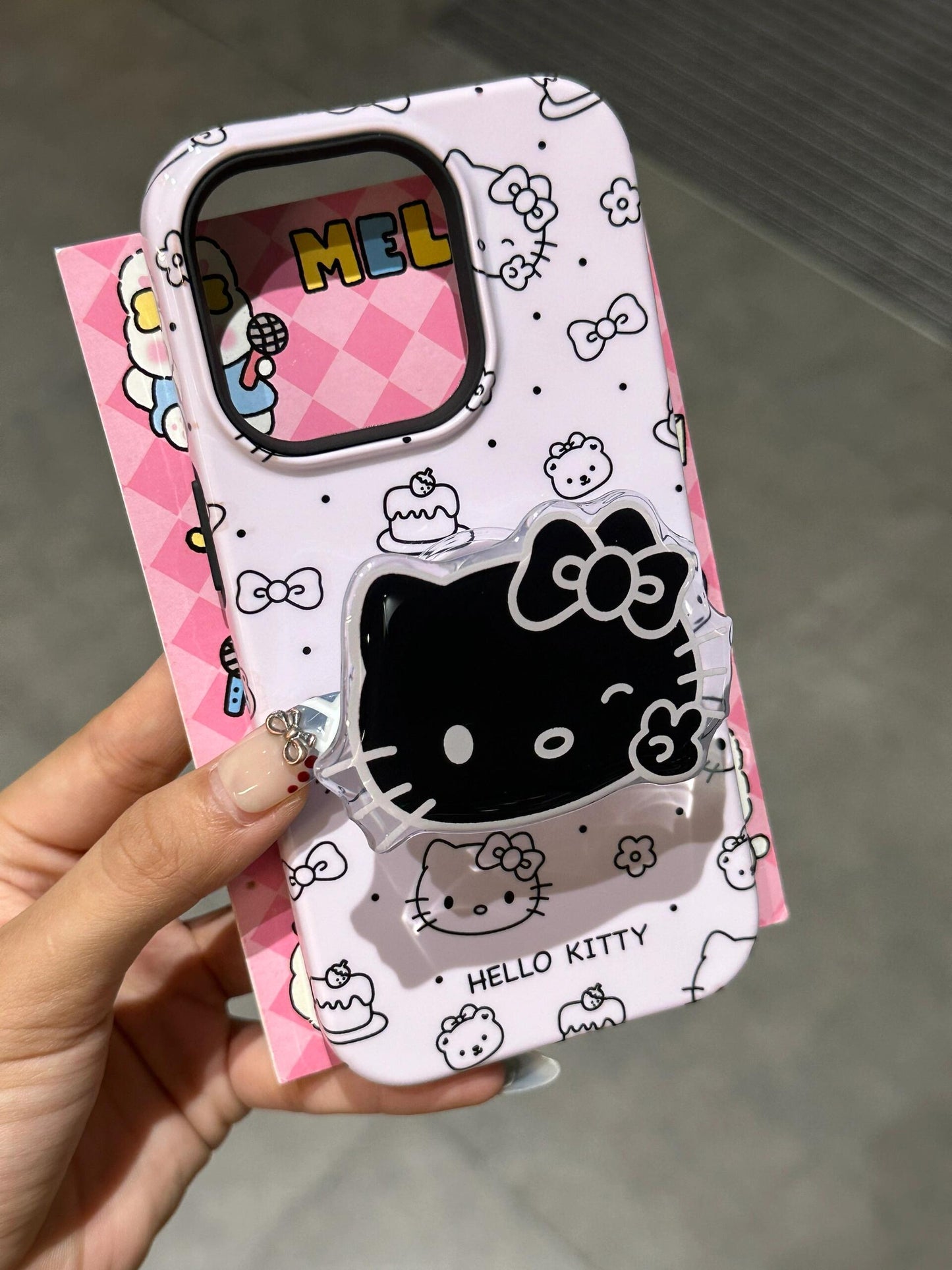 Hellokitty Purple Cute Kawaii Phone Case + Black Hellokitty Shaped Stand Holder / Phone Grip #0178