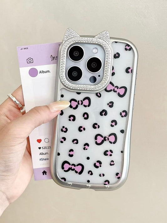 Cat Ear Lens With Rhinestones Purple Bowtie Clear Cute Kawaii Phone Case #0180