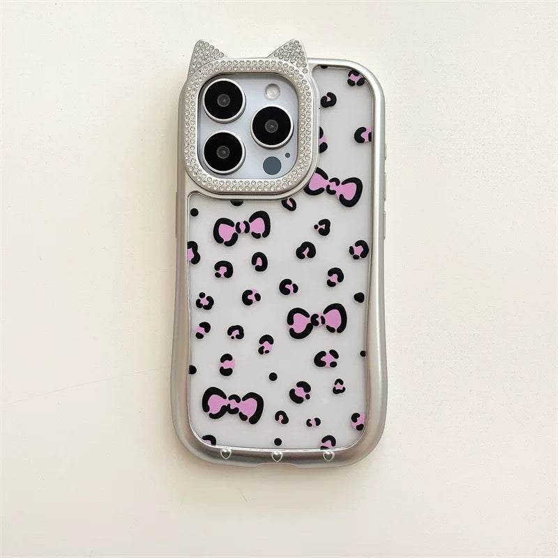 Cat Ear Lens With Rhinestones Purple Bowtie Clear Cute Kawaii Phone Case #0180