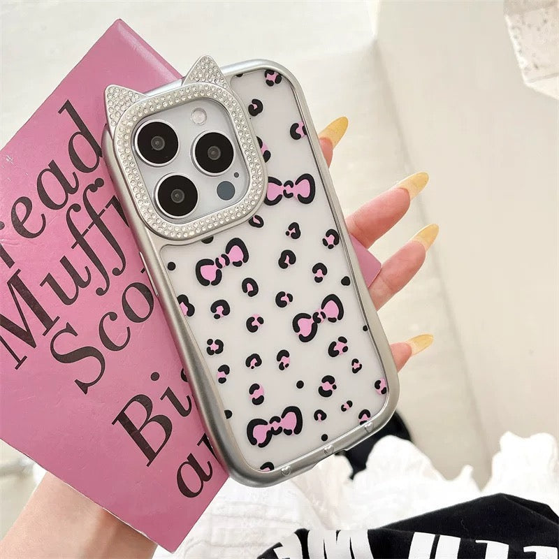 Cat Ear Lens With Rhinestones Purple Bowtie Clear Cute Kawaii Phone Case #0180