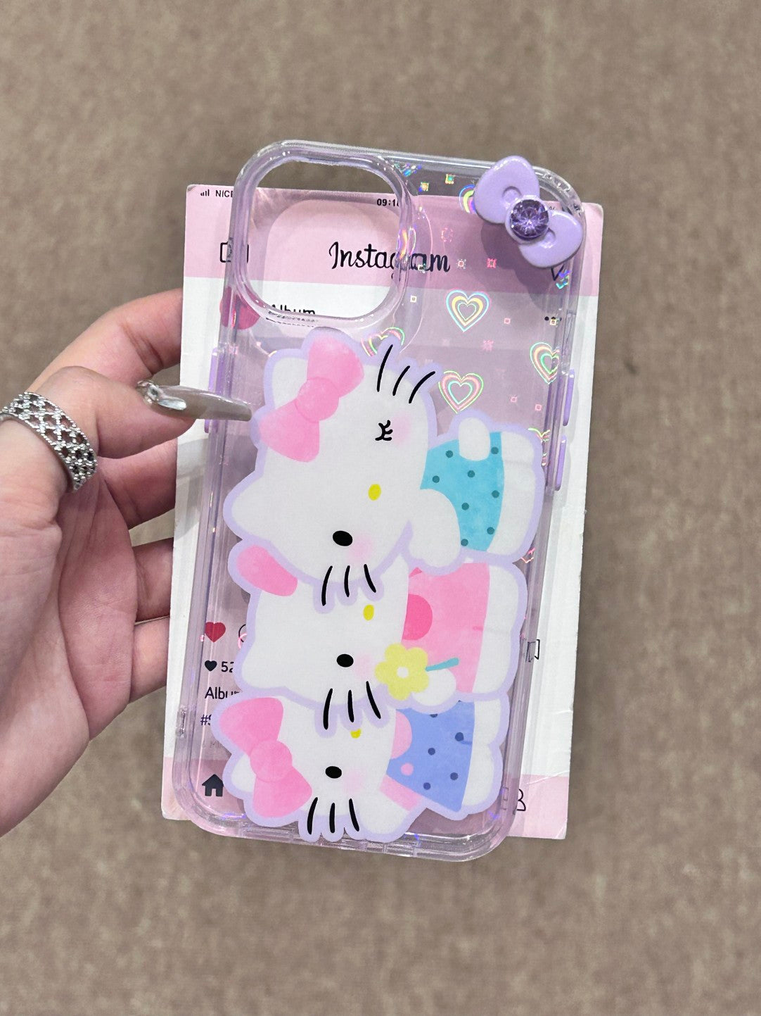 Hellokitty Three Sisters Clear Holographic Subtle Heart Cute Kawaii Phone Case #0203