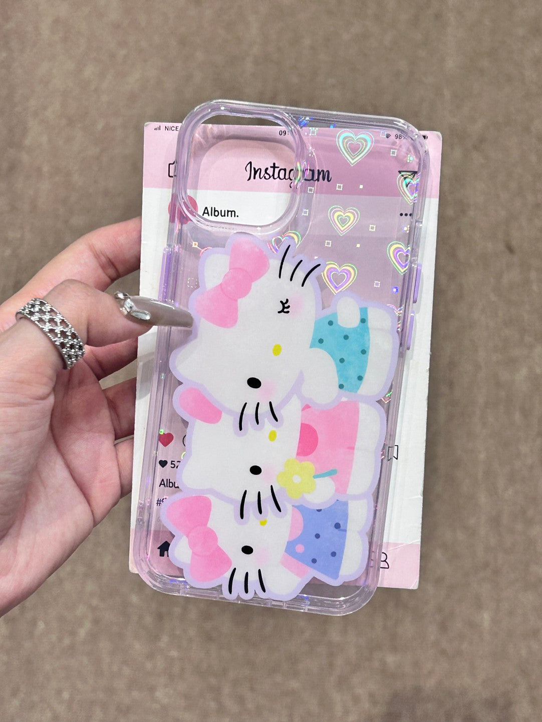 Hellokitty Three Sisters Clear Holographic Subtle Heart Cute Kawaii Phone Case #0203