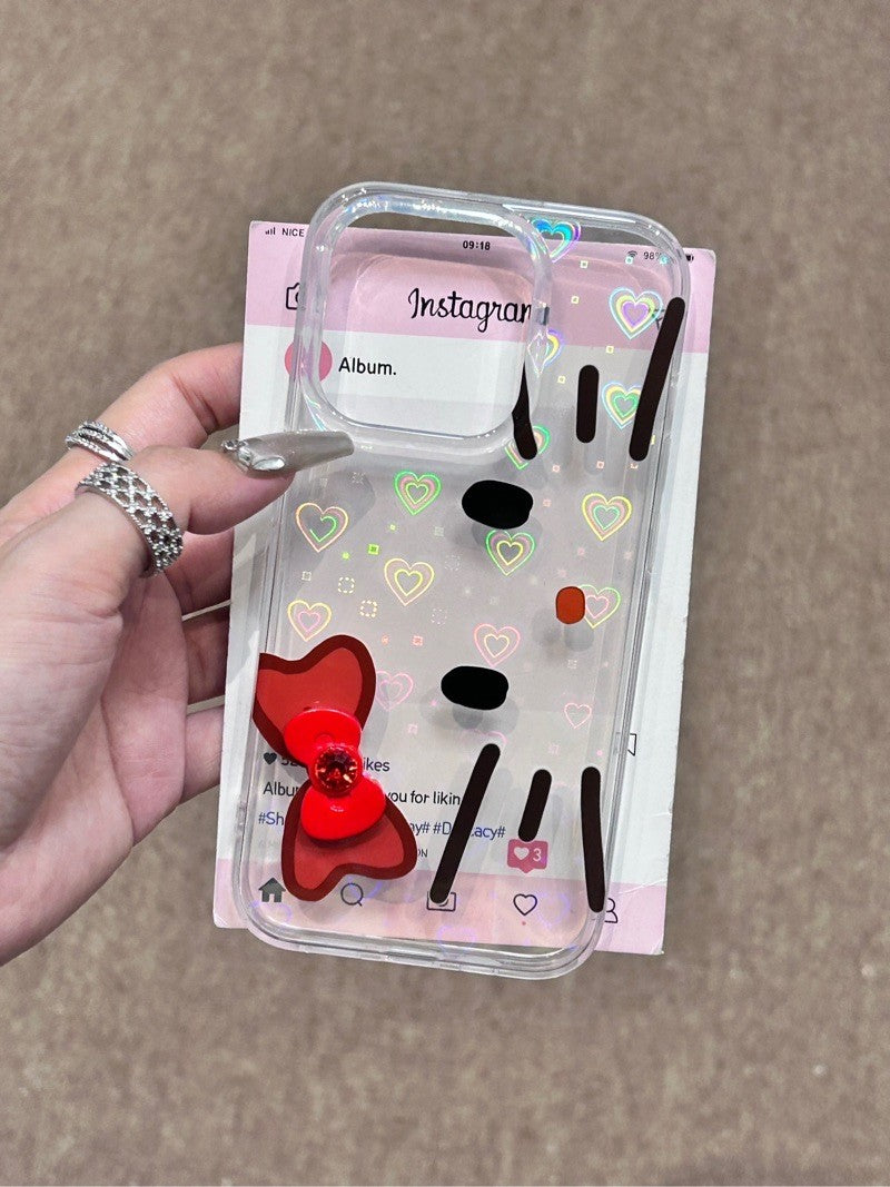 Hellokitty 3D Red Bowtie Clear Holographic Subtle Heart Cute Kawaii Phone Case #0201