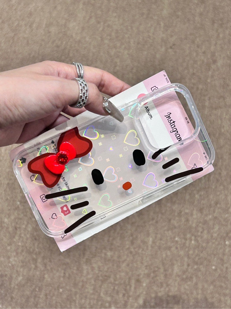 Hellokitty 3D Red Bowtie Clear Holographic Subtle Heart Cute Kawaii Phone Case #0201