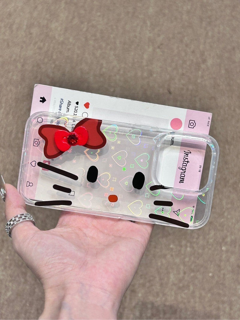 Hellokitty 3D Red Bowtie Clear Holographic Subtle Heart Cute Kawaii Phone Case #0201