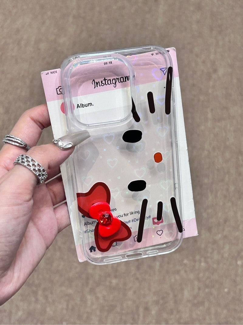 Hellokitty 3D Red Bowtie Clear Holographic Subtle Heart Cute Kawaii Phone Case #0201