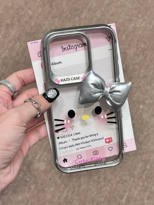 Hellokitty 3D Silver Bowtie Silver Border Cute Kawaii Phone Case #0199