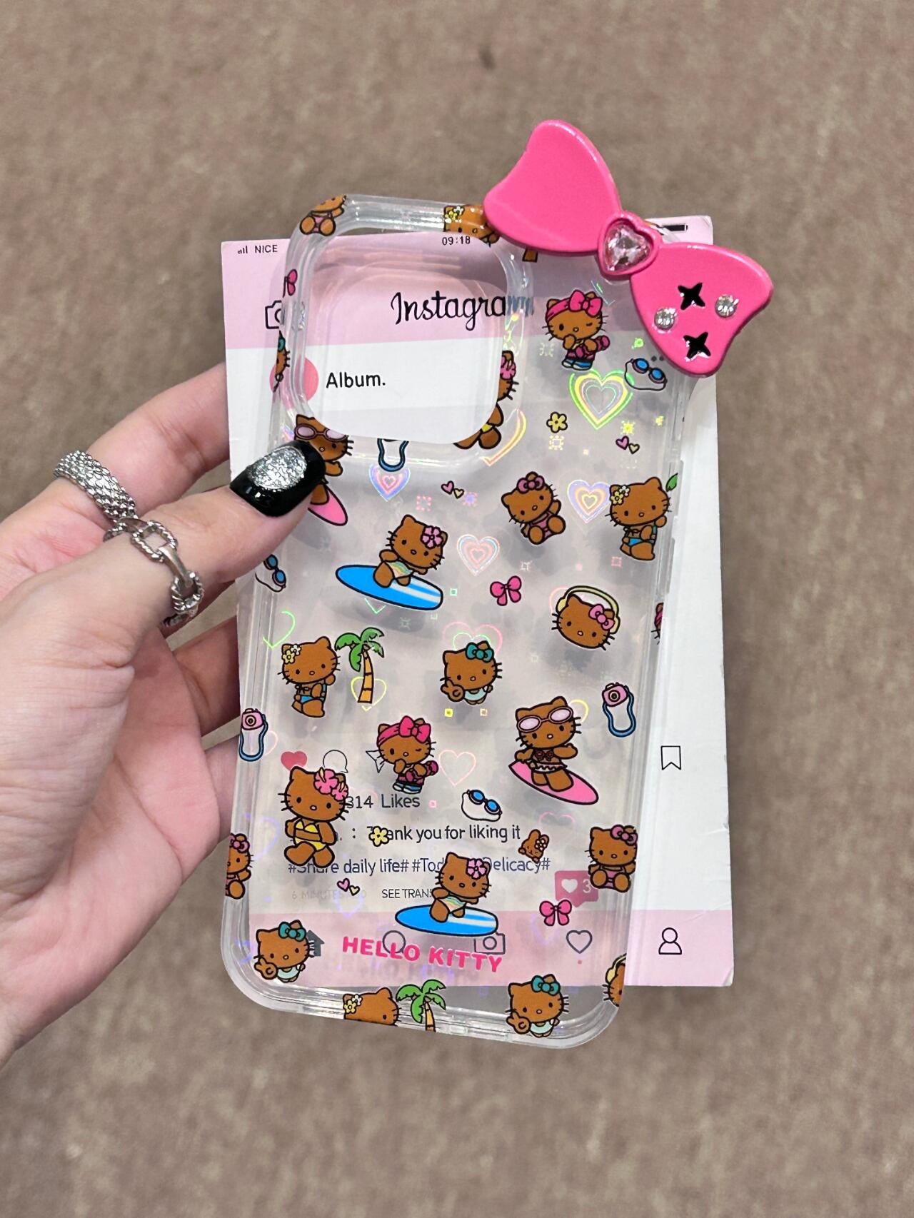 Tan Hellokitty 3D Pink Bow Clear Holographic Subtle Heart Cute Kawaii Phone Case #0046