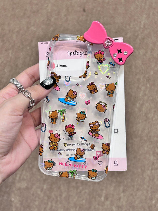 Tan Hellokitty 3D Pink Bow Clear Holographic Subtle Heart Cute Kawaii Phone Case #0046