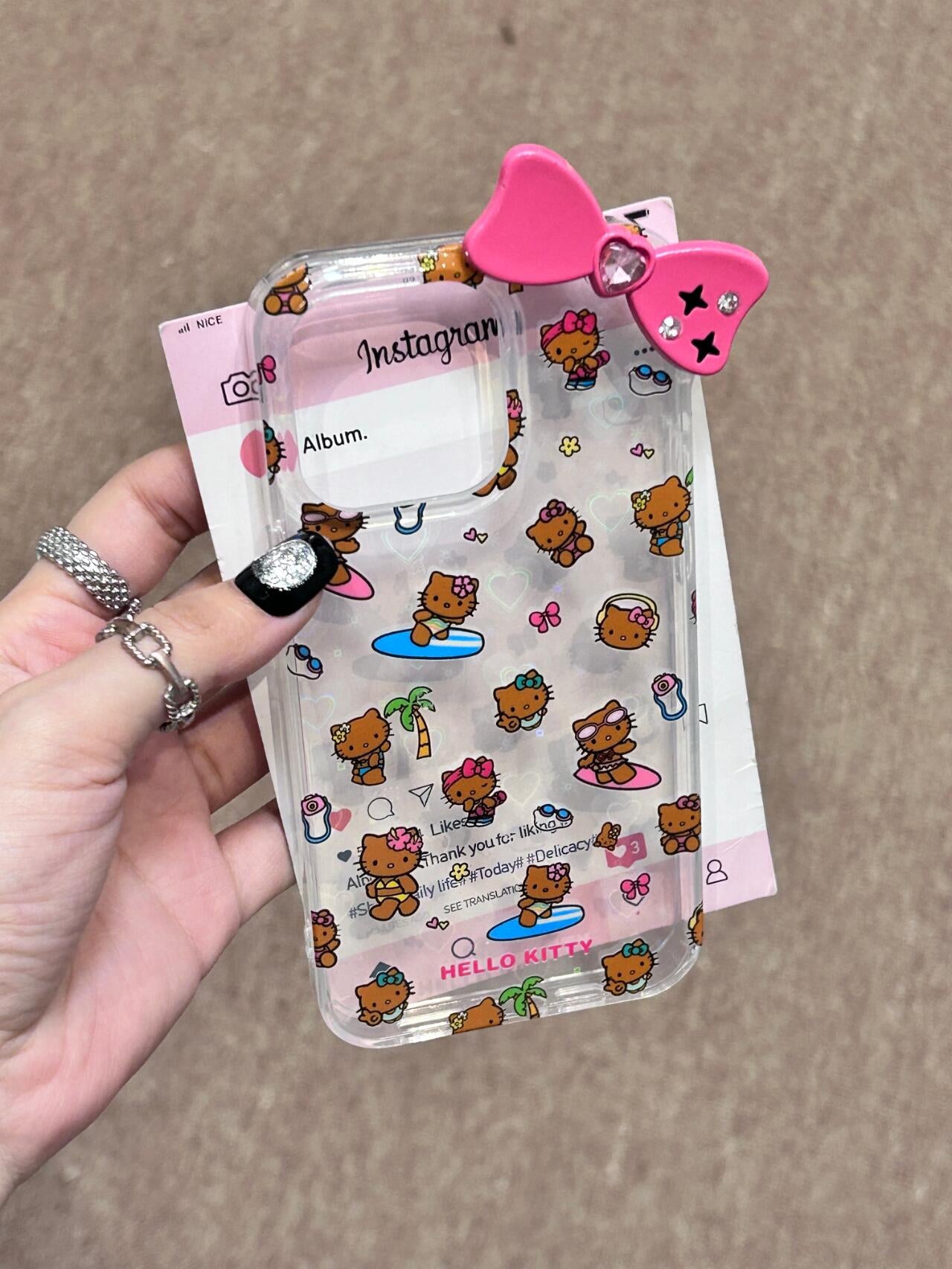 Tan Hellokitty 3D Pink Bow Clear Holographic Subtle Heart Cute Kawaii Phone Case #0046