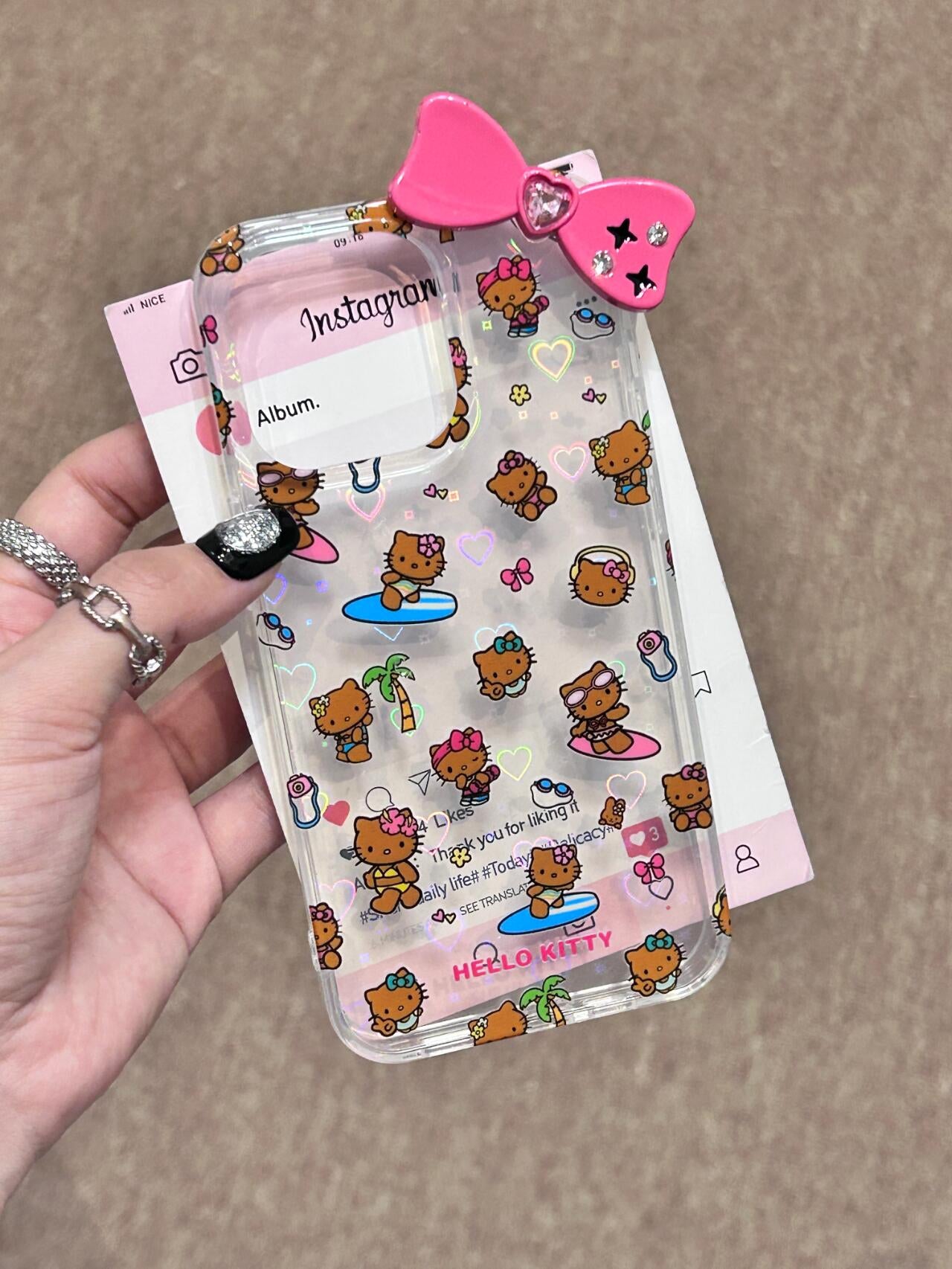 Tan Hellokitty 3D Pink Bow Clear Holographic Subtle Heart Cute Kawaii Phone Case #0046