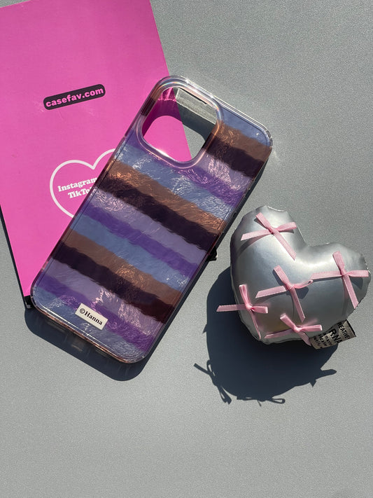 Purple Striped Shell Texture Cute Kawaii Phone Case + Silver Heart Plush Stand Holder / Phone Grip #0314