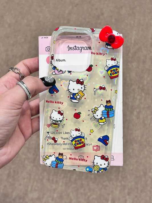 Hellokitty 3D Red Bow Clear Holographic Subtle Heart Cute Kawaii Phone Case #0047