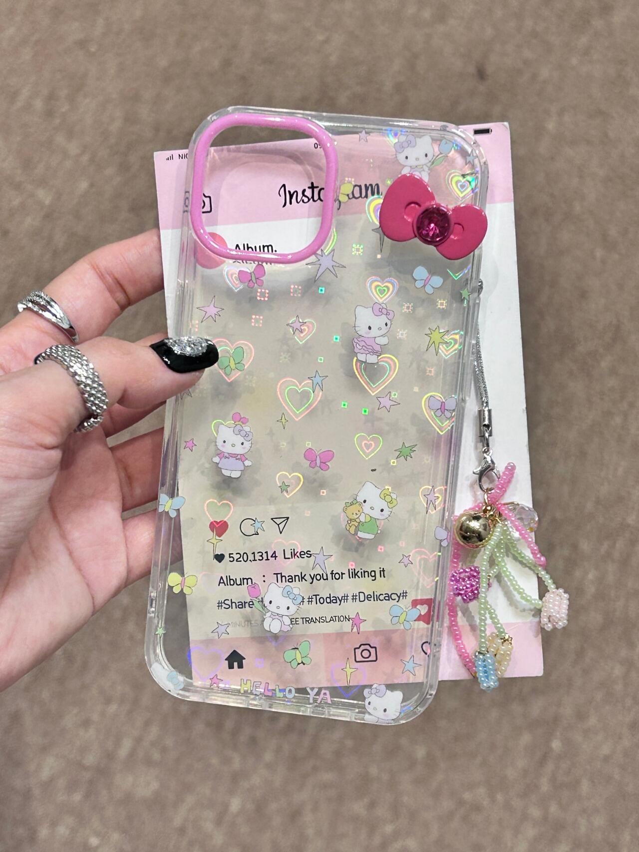 Hellokitty Pink Lens Frame 3D Pink Bow Clear Holographic Subtle Heart Cute Kawaii Phone Case #0048