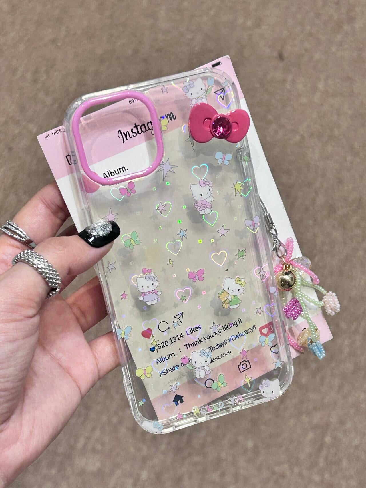 Hellokitty Pink Lens Frame 3D Pink Bow Clear Holographic Subtle Heart Cute Kawaii Phone Case #0048