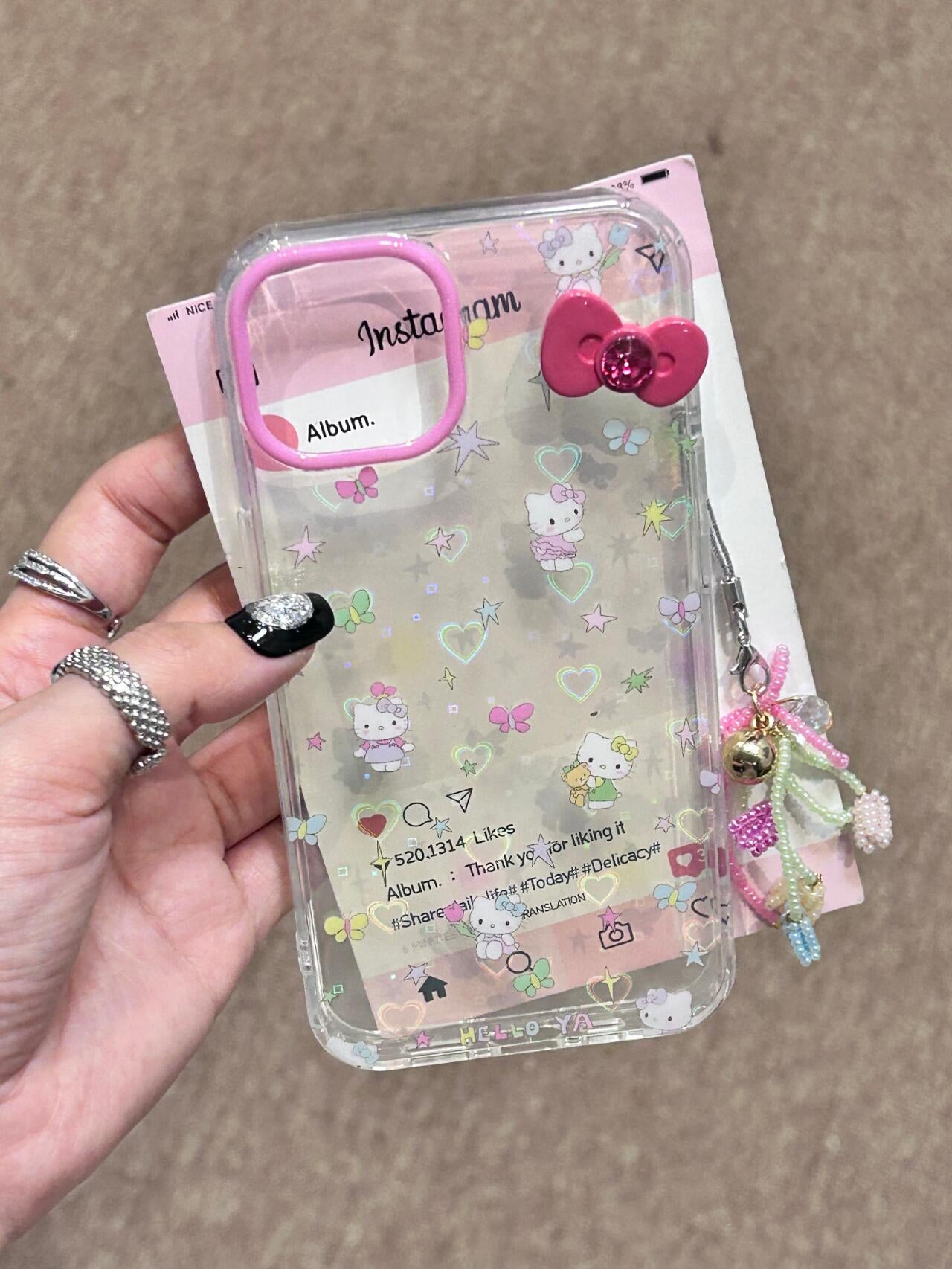 Hellokitty Pink Lens Frame 3D Pink Bow Clear Holographic Subtle Heart Cute Kawaii Phone Case #0048