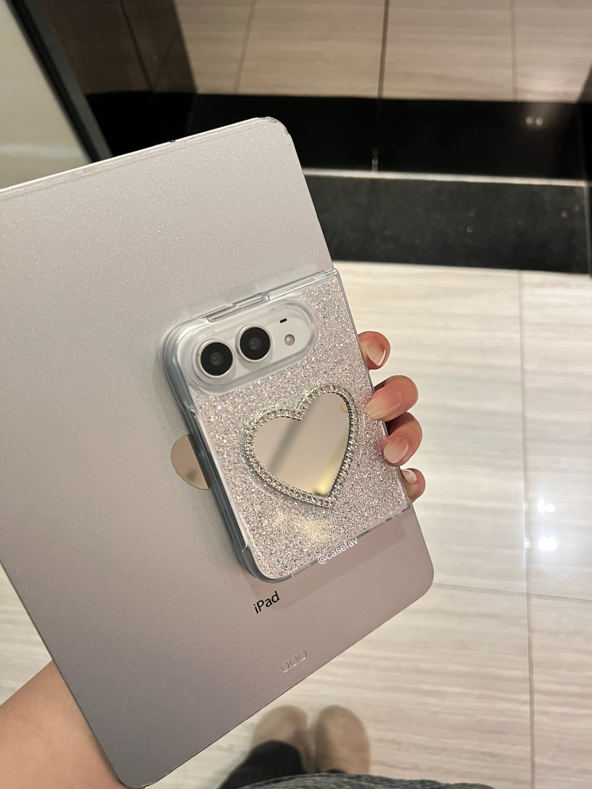 Rhinestones Silver Heart Shaped Mirror Cute Kawaii iPhone Duo Case #708