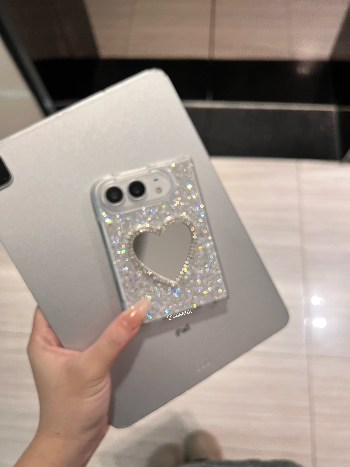 Rhinestones Silver Heart Shaped Mirror Cute Kawaii iPhone Duo Case #708