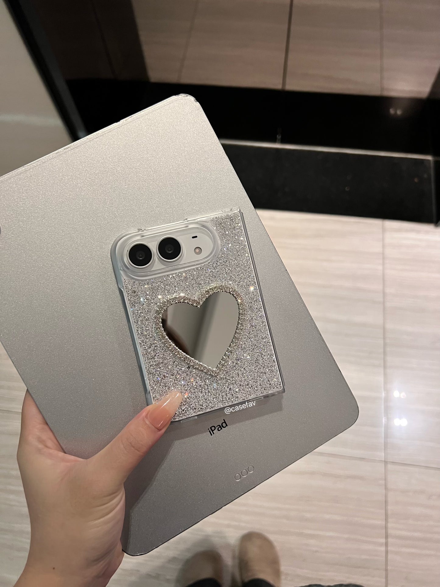 Rhinestones Silver Heart Shaped Mirror Cute Kawaii iPhone Duo Case #708