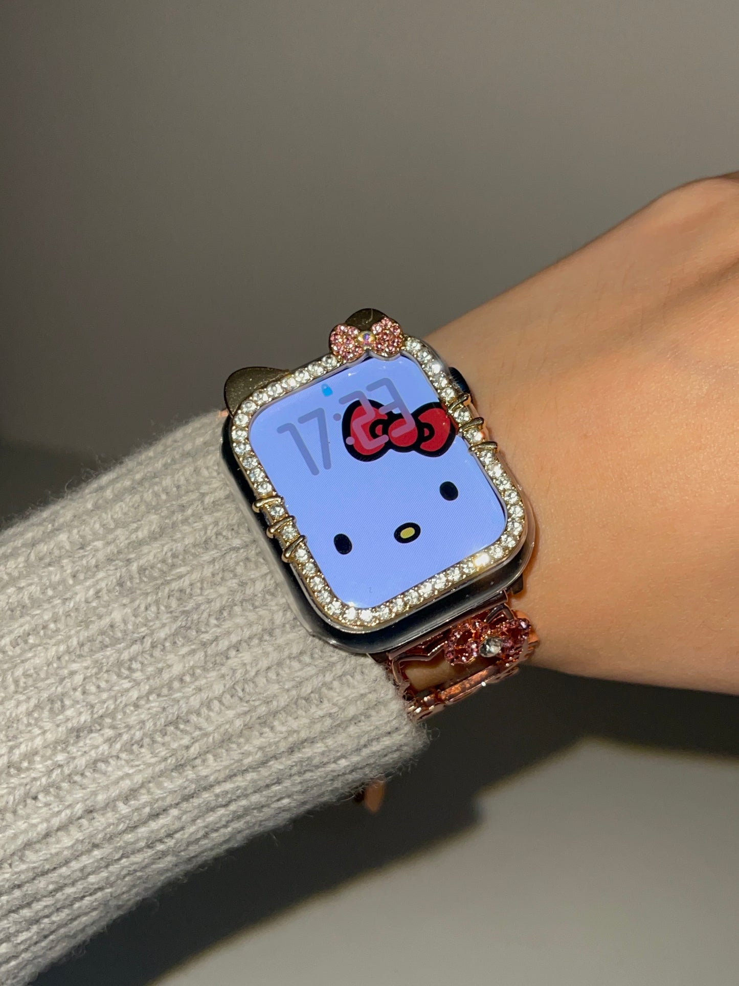 Hellokitty Shape Apple Watch Band Bling Diamond Jewelry Metal Strap Bands with Crystal Tempered Glass Screen Protector Case, Round Shiny Bracelet Wristband for iWatch Series wb#0002