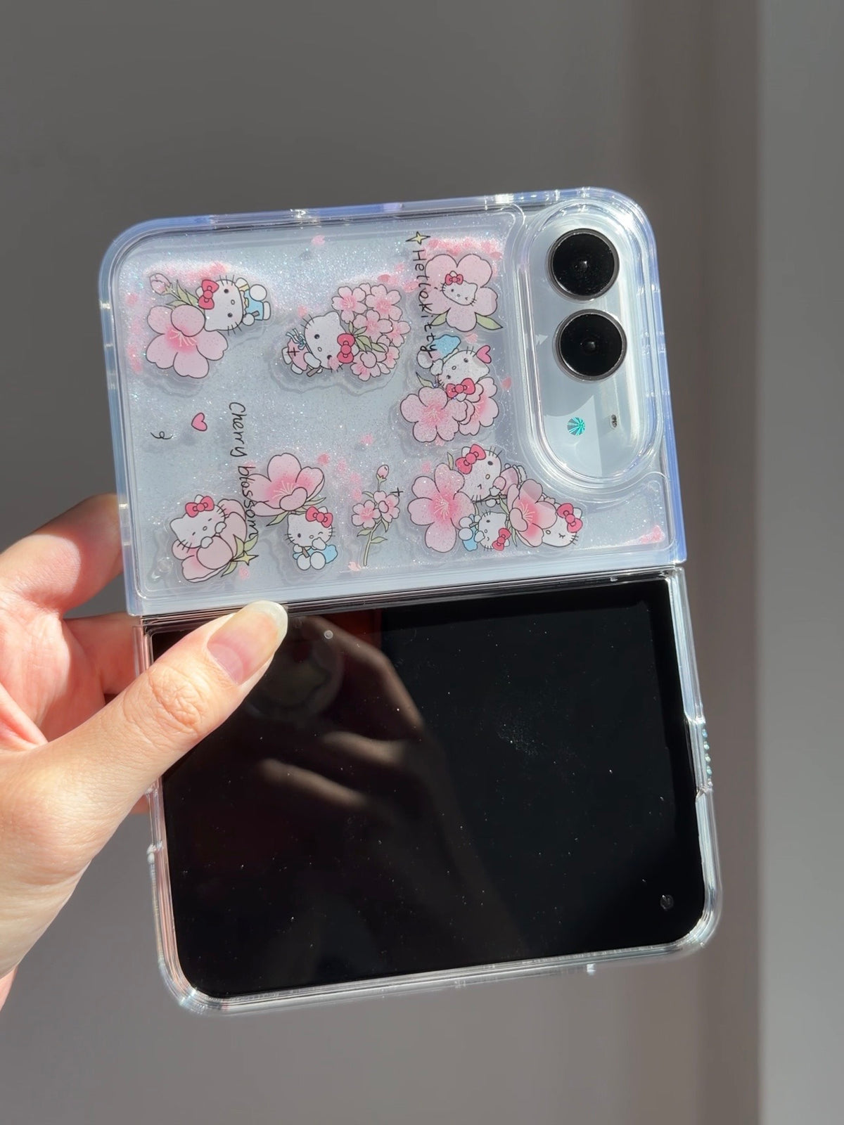 Hellokitty Flowers Bling Glitter Liquid Quicksand Clear iPhone Duo Case #0709
