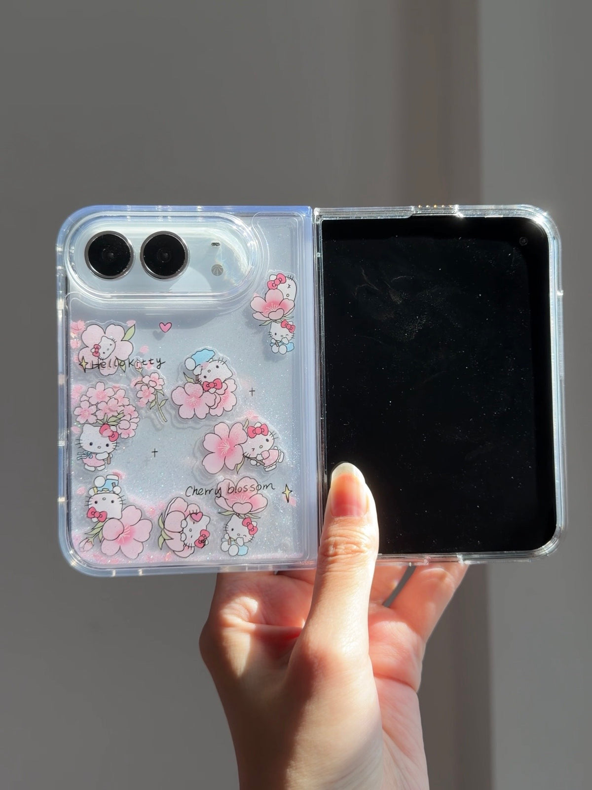 Hellokitty Flowers Bling Glitter Liquid Quicksand Clear iPhone Duo Case #0709