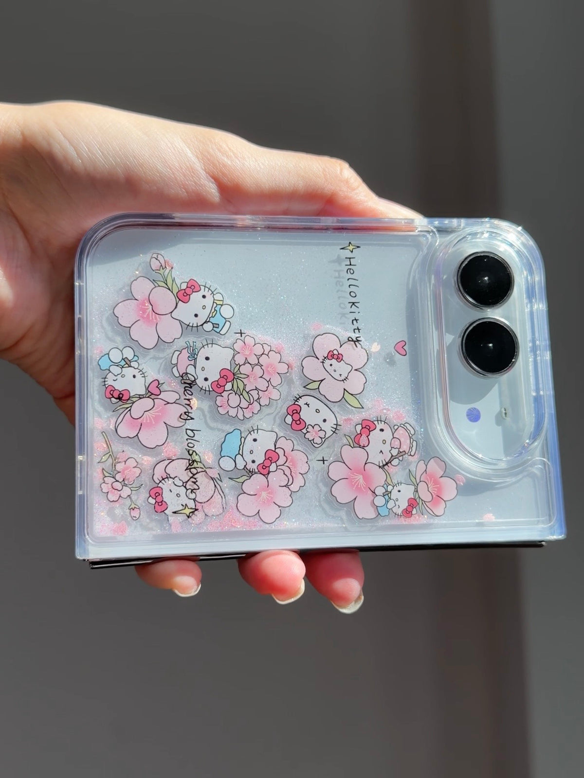 Hellokitty Flowers Bling Glitter Liquid Quicksand Clear iPhone Duo Case #0709