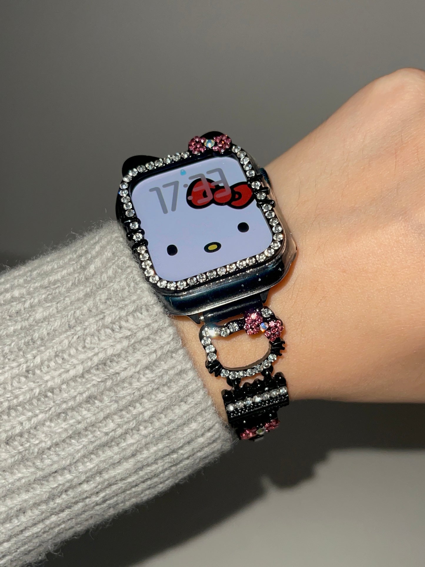 Hellokitty Apple Watch Band Bling Diamond Jewelry Metal Strap Bands with Crystal Tempered Glass Screen Protector Case, Round Shiny Bracelet Wristband for iWatch Series wb#0001