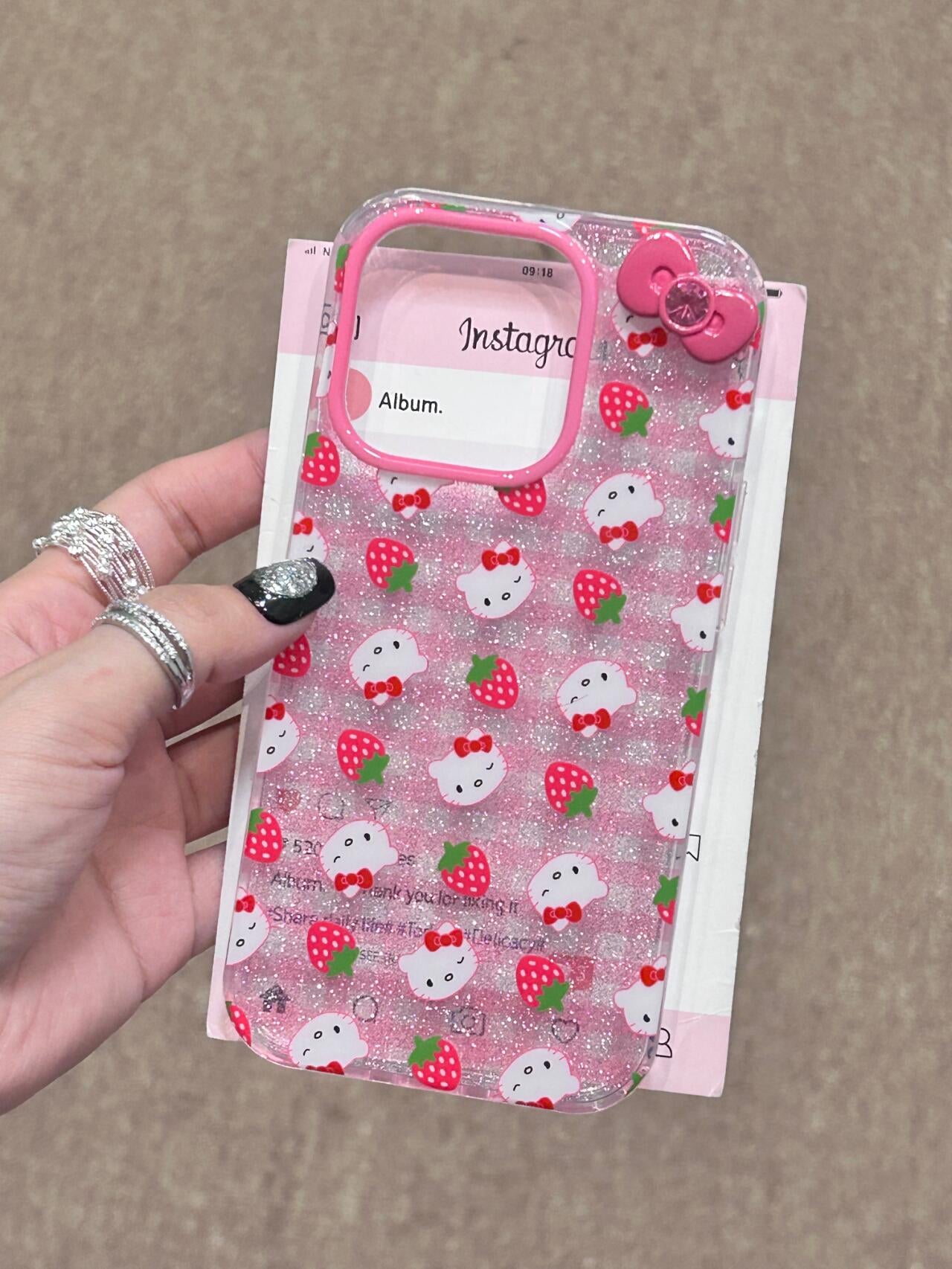 Hellokitty Strawberry Pink Glitter 3D Bow Clear Cute Kawaii Phone Case #0053