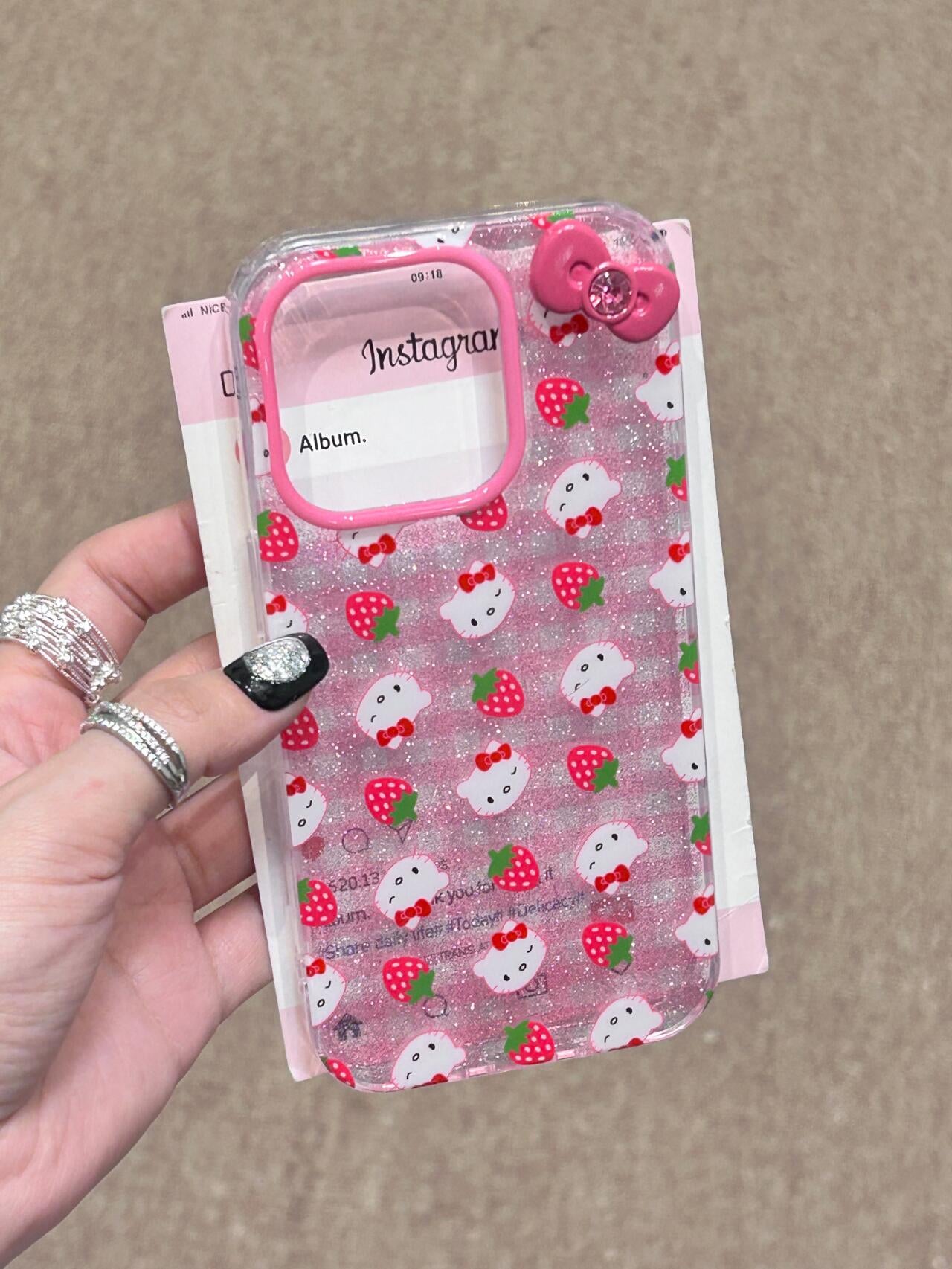 Hellokitty Strawberry Pink Glitter 3D Bow Clear Cute Kawaii Phone Case #0053