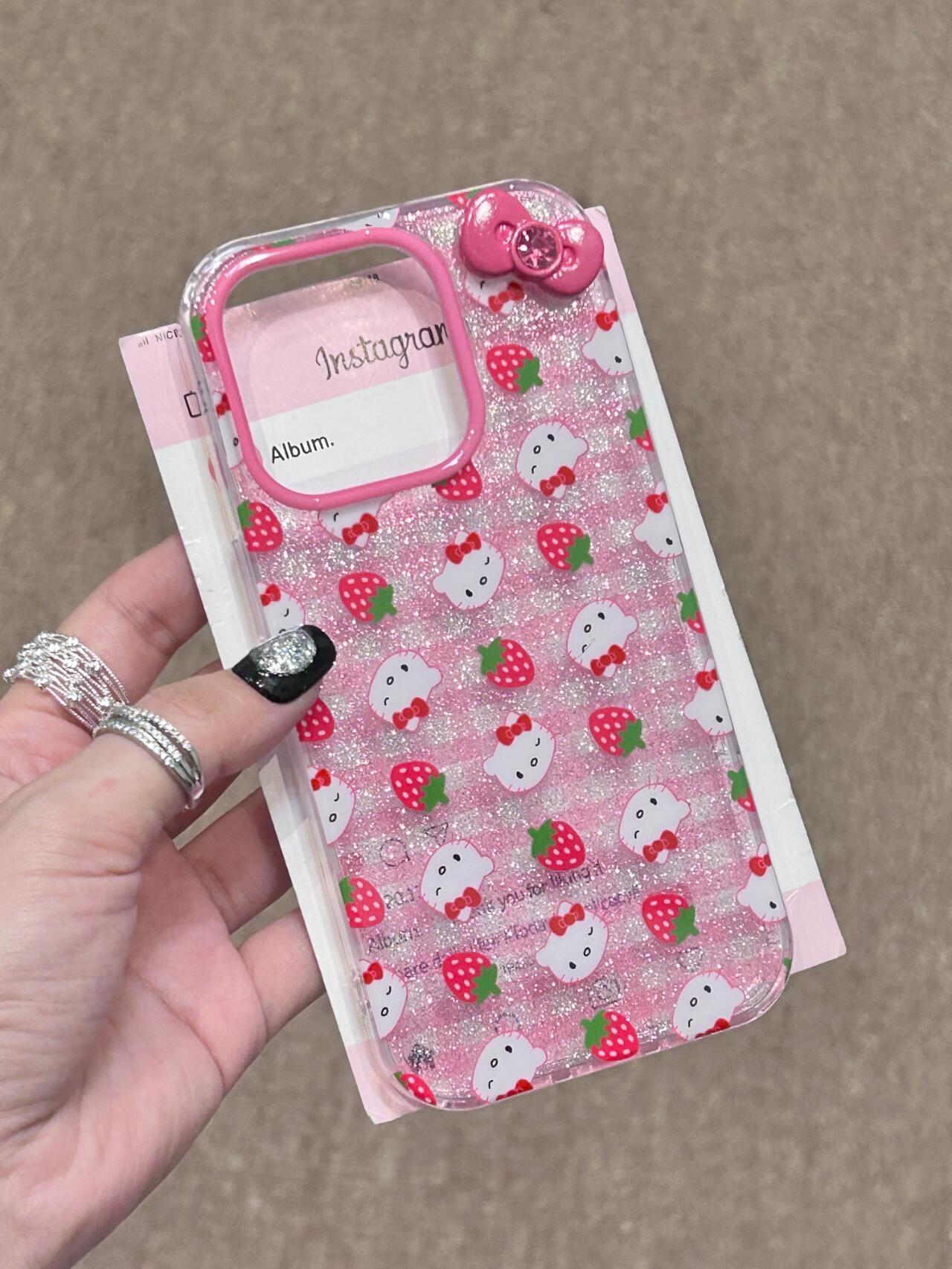 Hellokitty Strawberry Pink Glitter 3D Bow Clear Cute Kawaii Phone Case #0053