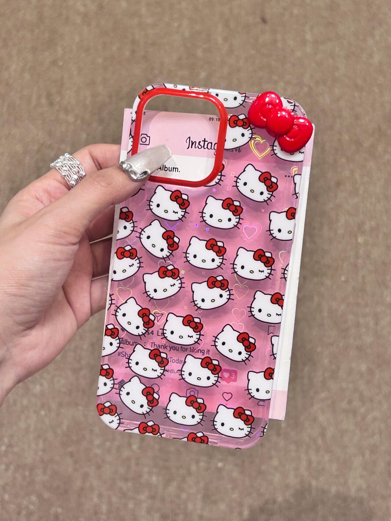 Hellokitty Pink 3D Red Bow Clear Holographic Subtle Heart Cute Kawaii Phone Case #0055