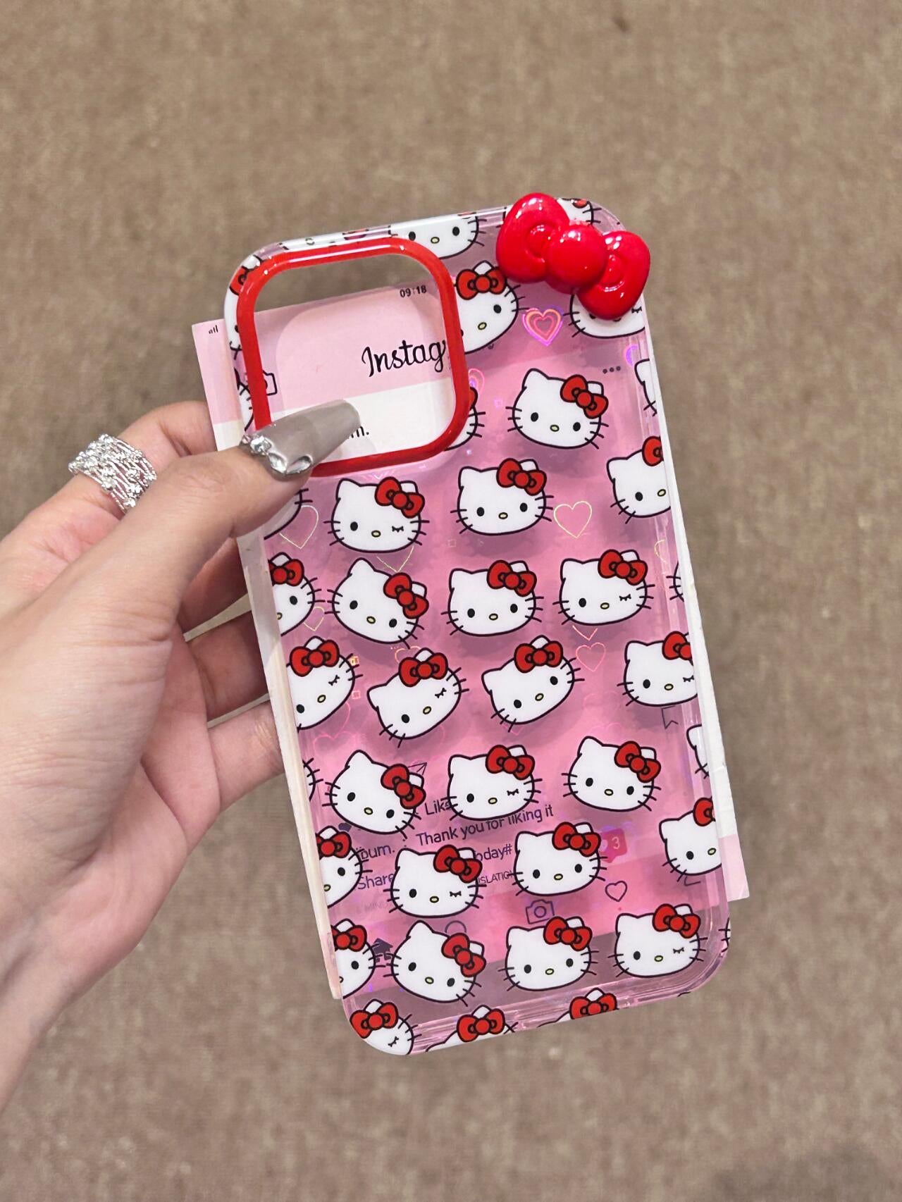 Hellokitty Pink 3D Red Bow Clear Holographic Subtle Heart Cute Kawaii Phone Case #0055