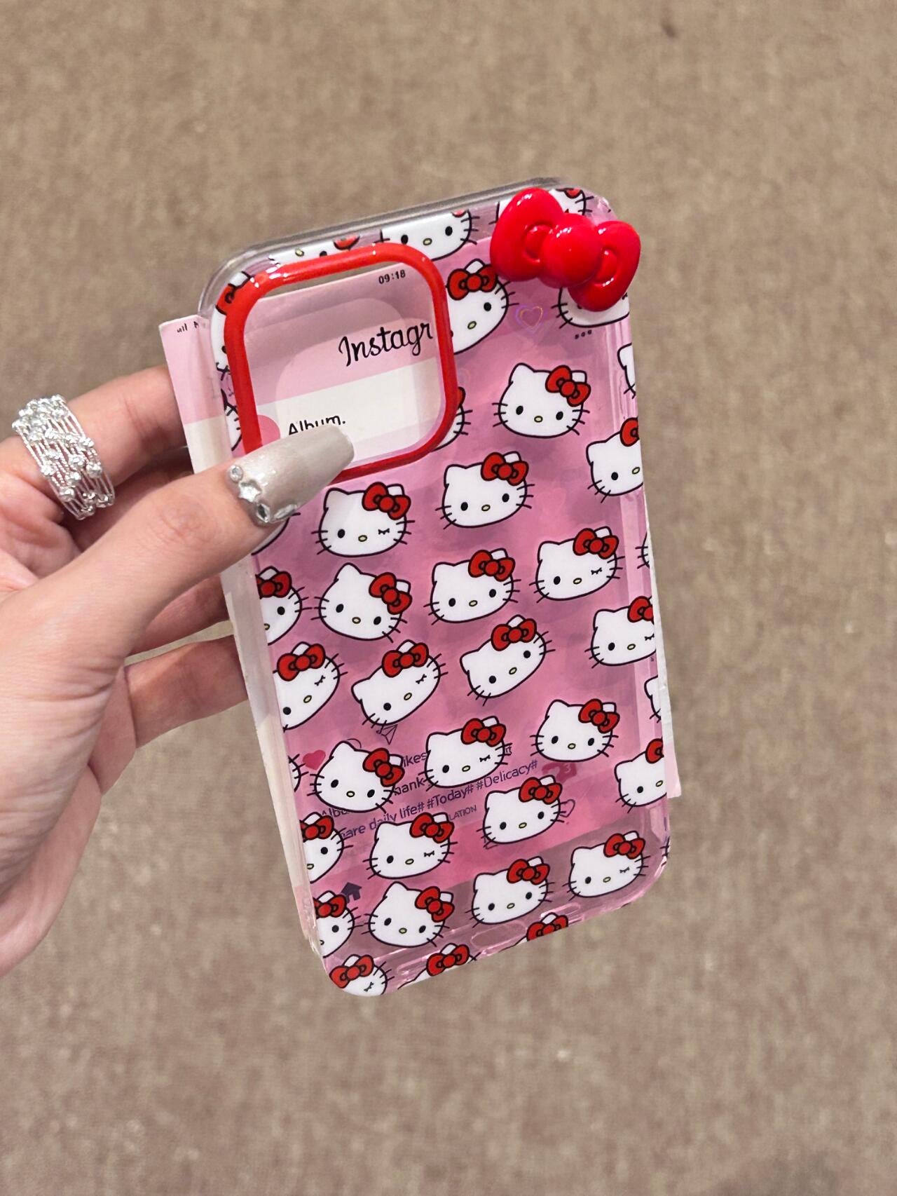 Hellokitty Pink 3D Red Bow Clear Holographic Subtle Heart Cute Kawaii Phone Case #0055