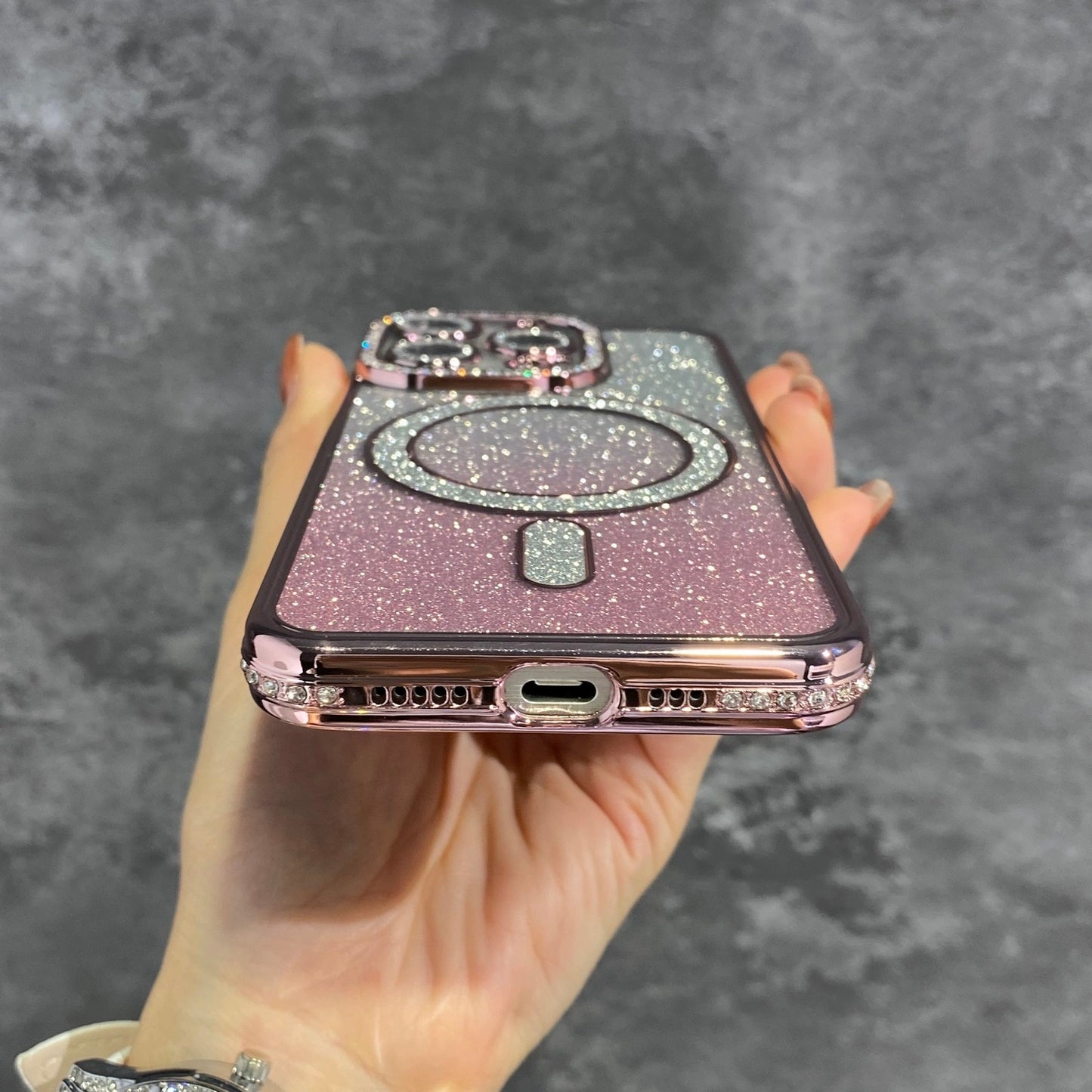 Shimmering Glitter MagSafe Clear Phone Case With Built-in Rhinestone Lens Protector#0062