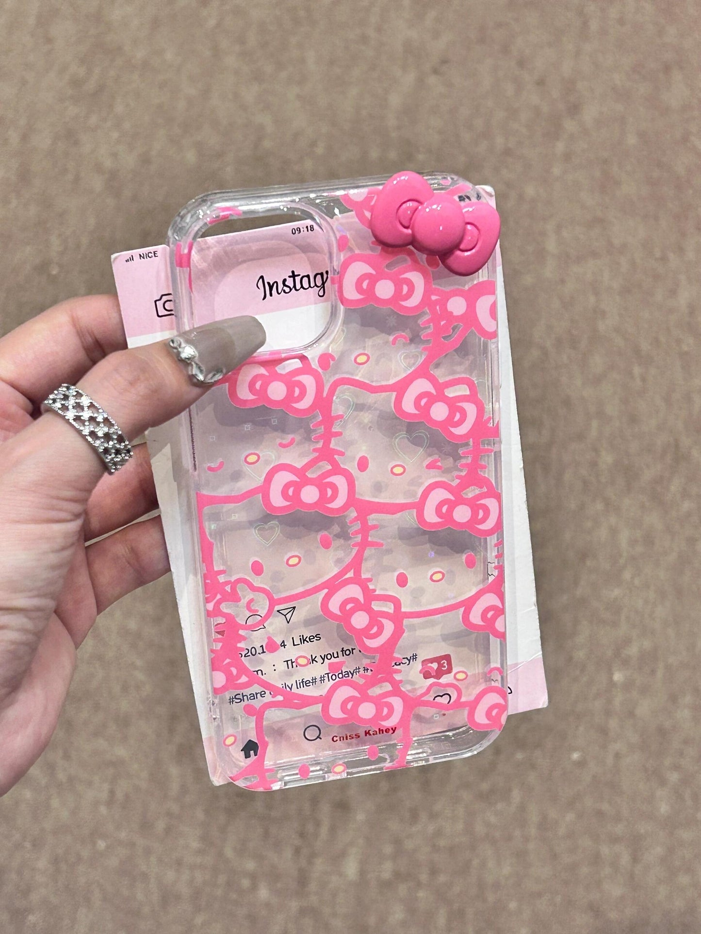 Hellokitty Pink 3D Bow Clear Holographic Subtle Heart Cute Kawaii Phone Case #0063