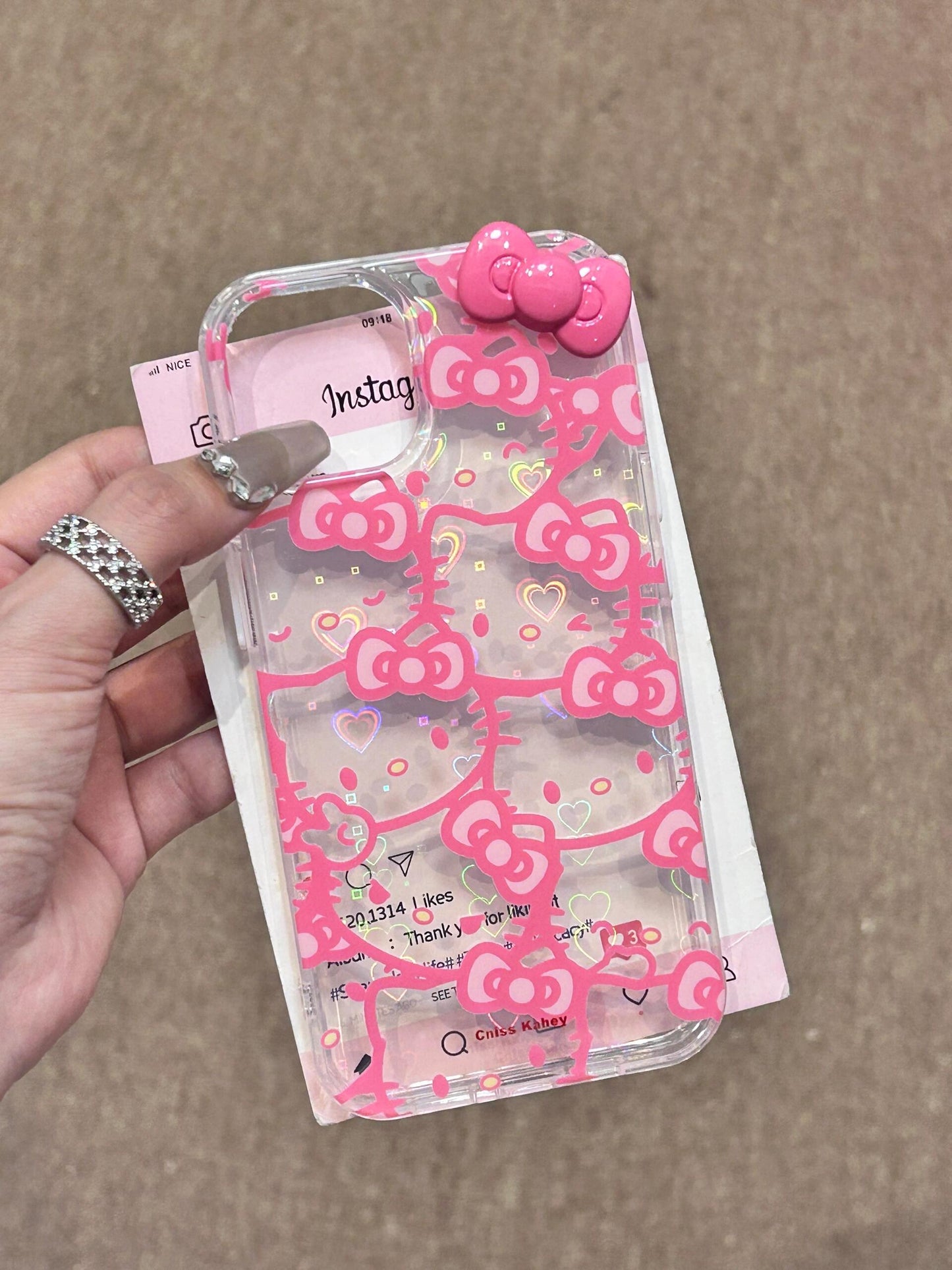 Hellokitty Pink 3D Bow Clear Holographic Subtle Heart Cute Kawaii Phone Case #0063