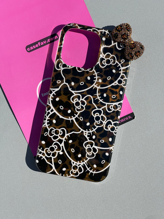 Hellokitty 3D Diamond Bow Brown Leopard Shell Texture Cute Kawaii Phone Case #0341