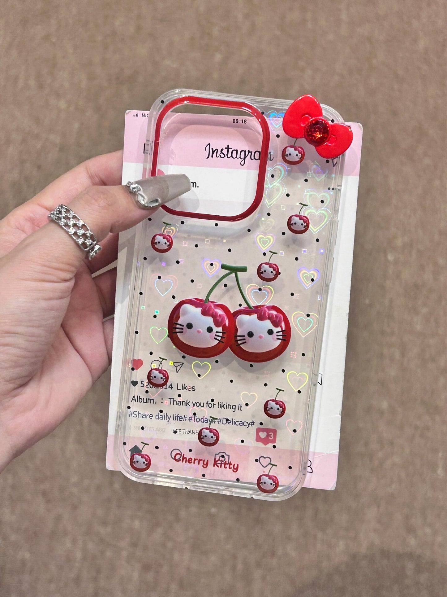 Hellokitty Cherries 3D Bow Clear Holographic Subtle Heart Cute Kawaii Phone Case #0068