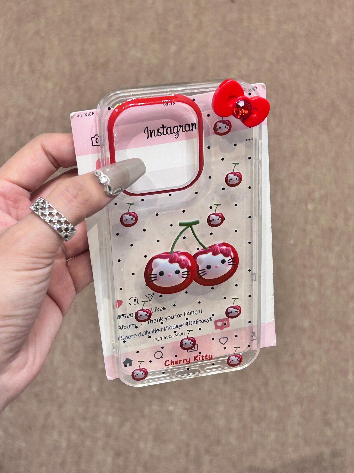 Hellokitty Cherries 3D Bow Clear Holographic Subtle Heart Cute Kawaii Phone Case #0068