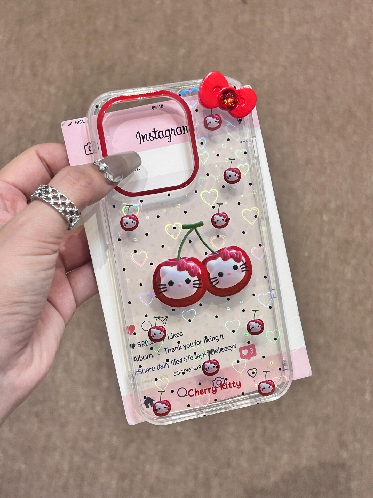 Hellokitty Cherries 3D Bow Clear Holographic Subtle Heart Cute Kawaii Phone Case #0068