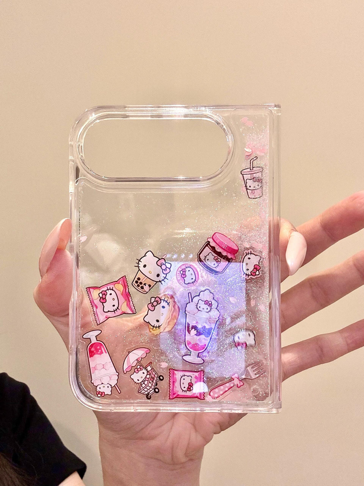 Hello Kitty Snack Bling Glitter Liquid Quicksand Clear iPhone Duo Case #0654