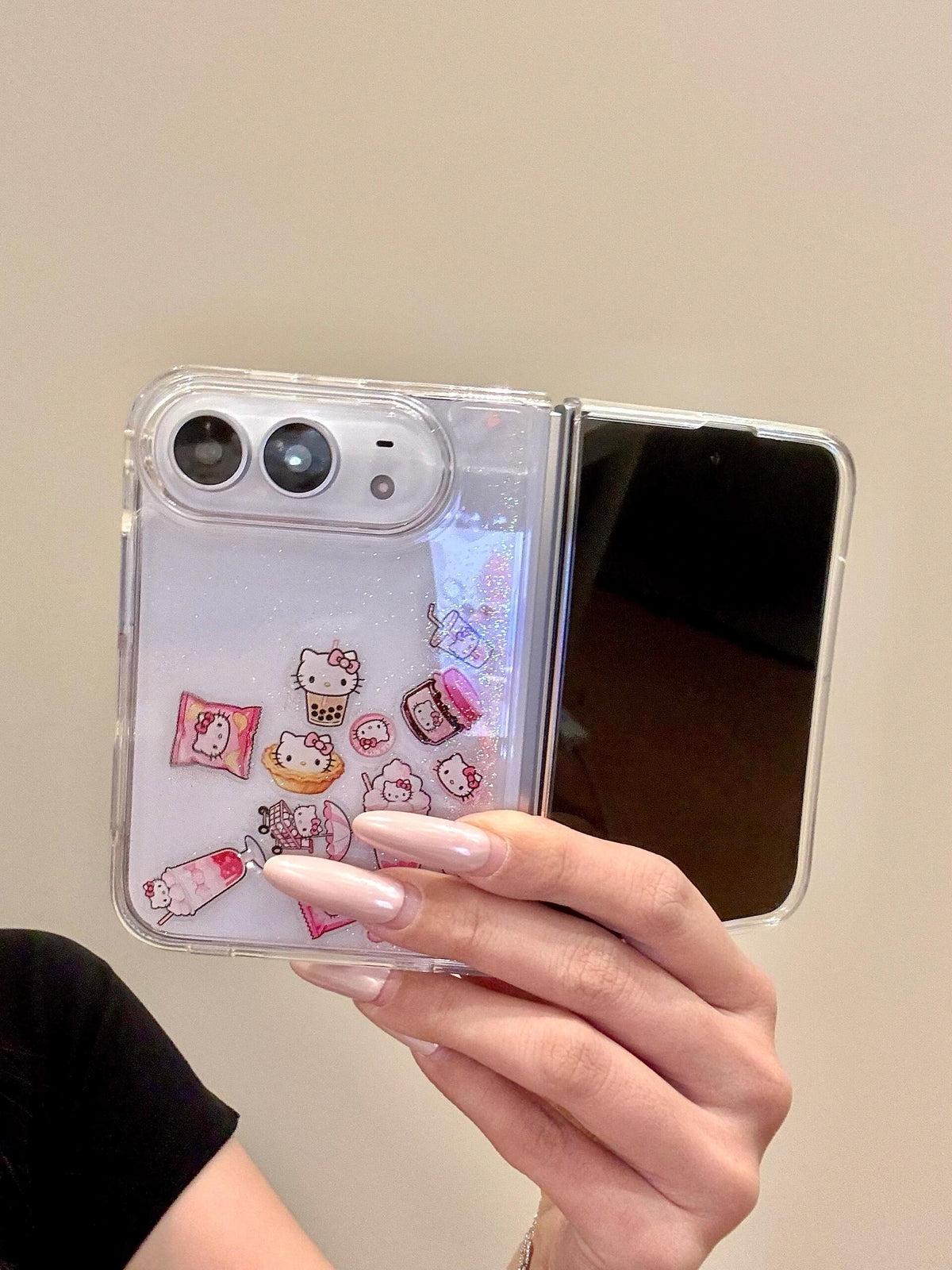 Hello Kitty Snack Bling Glitter Liquid Quicksand Clear iPhone Duo Case #0654