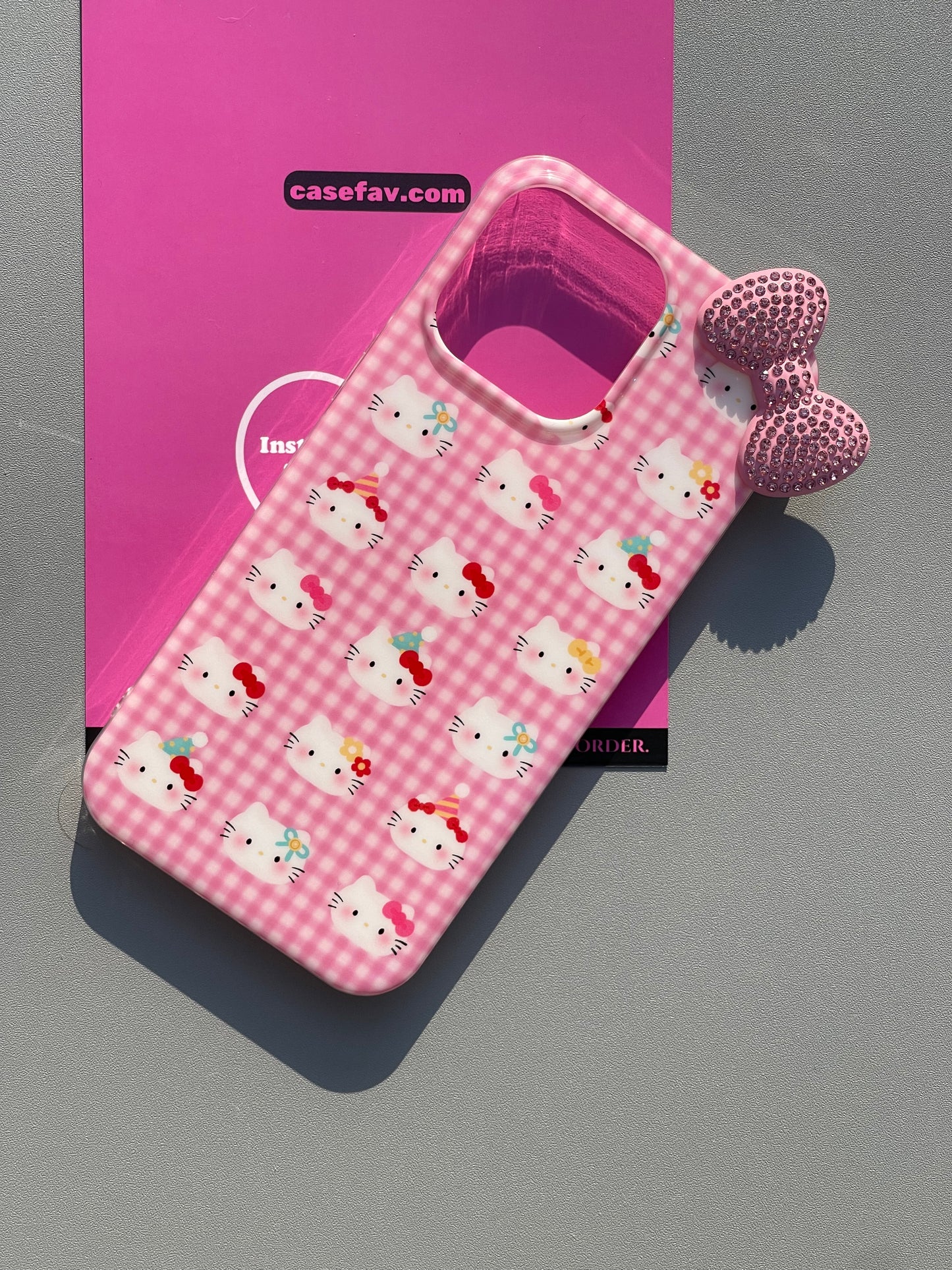 Hellokitty Pink Checkered 3D Rhinestone Bow Cute Kawaii Phone Case #0357