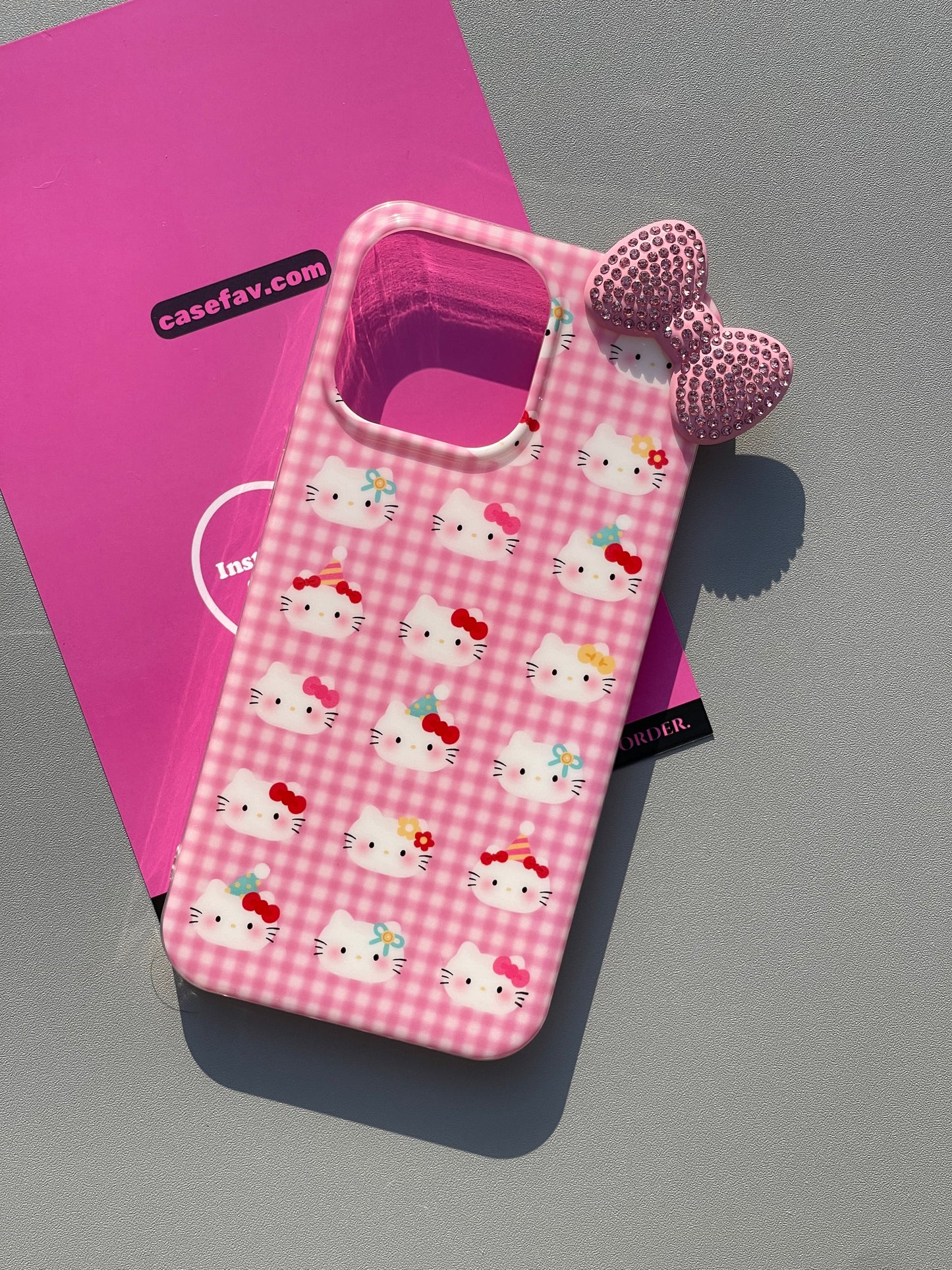 Hellokitty Pink Checkered 3D Rhinestone Bow Cute Kawaii Phone Case #0357