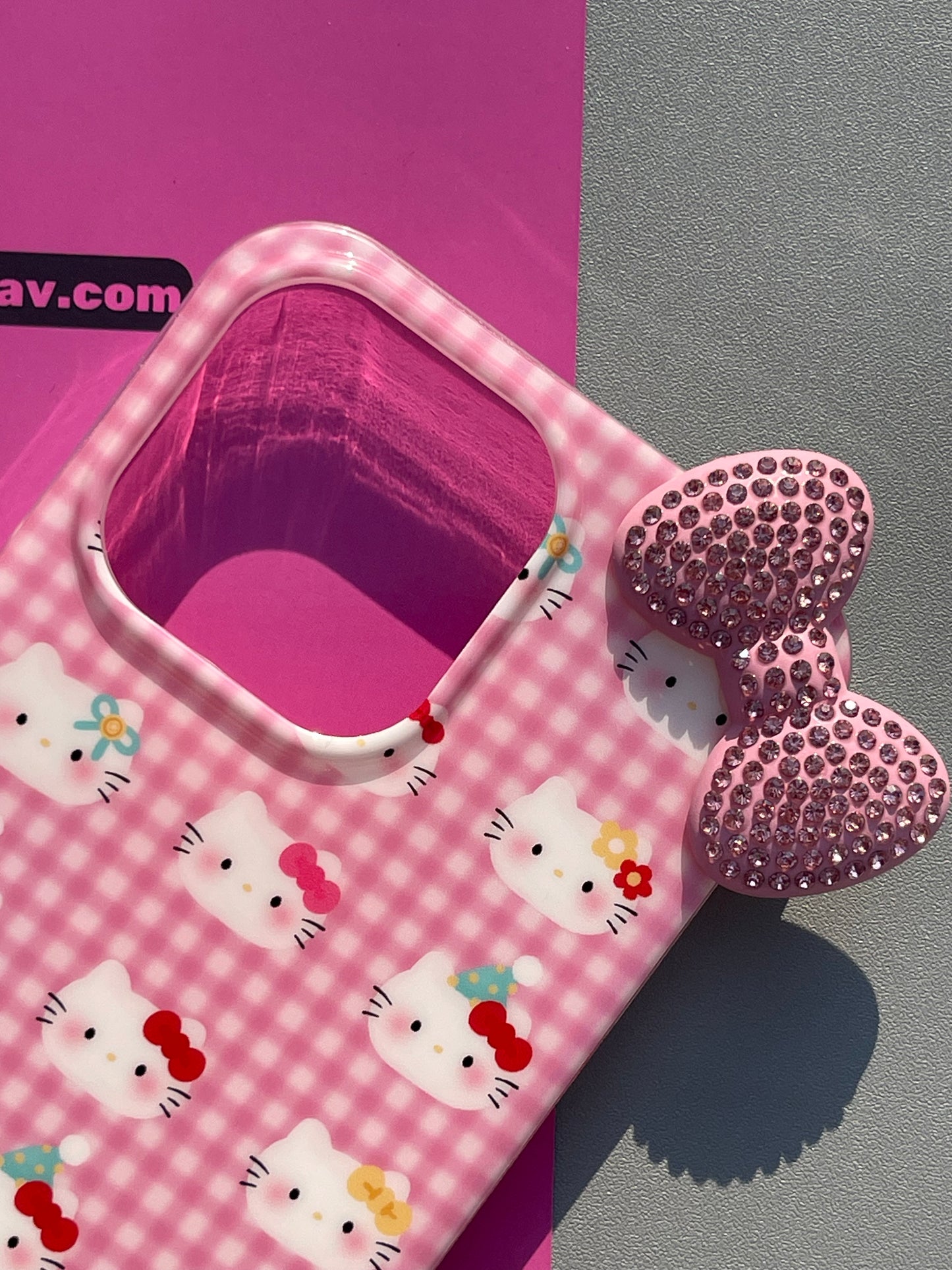 Hellokitty Pink Checkered 3D Rhinestone Bow Cute Kawaii Phone Case #0357