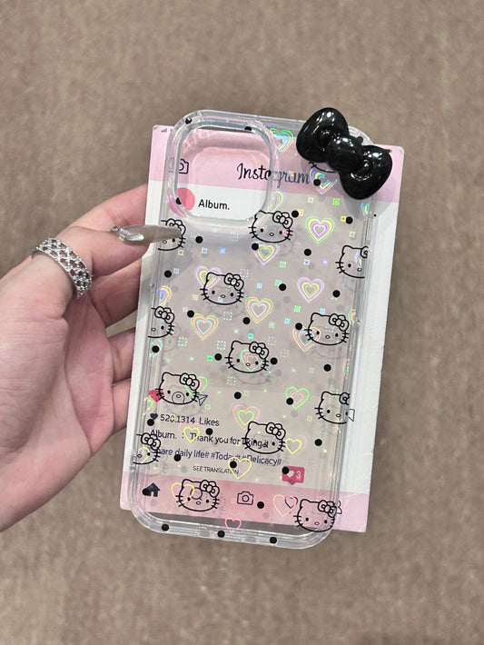 Hellokitty 3D Black Bow Clear Holographic Subtle Heart Cute Kawaii Phone Case #0071