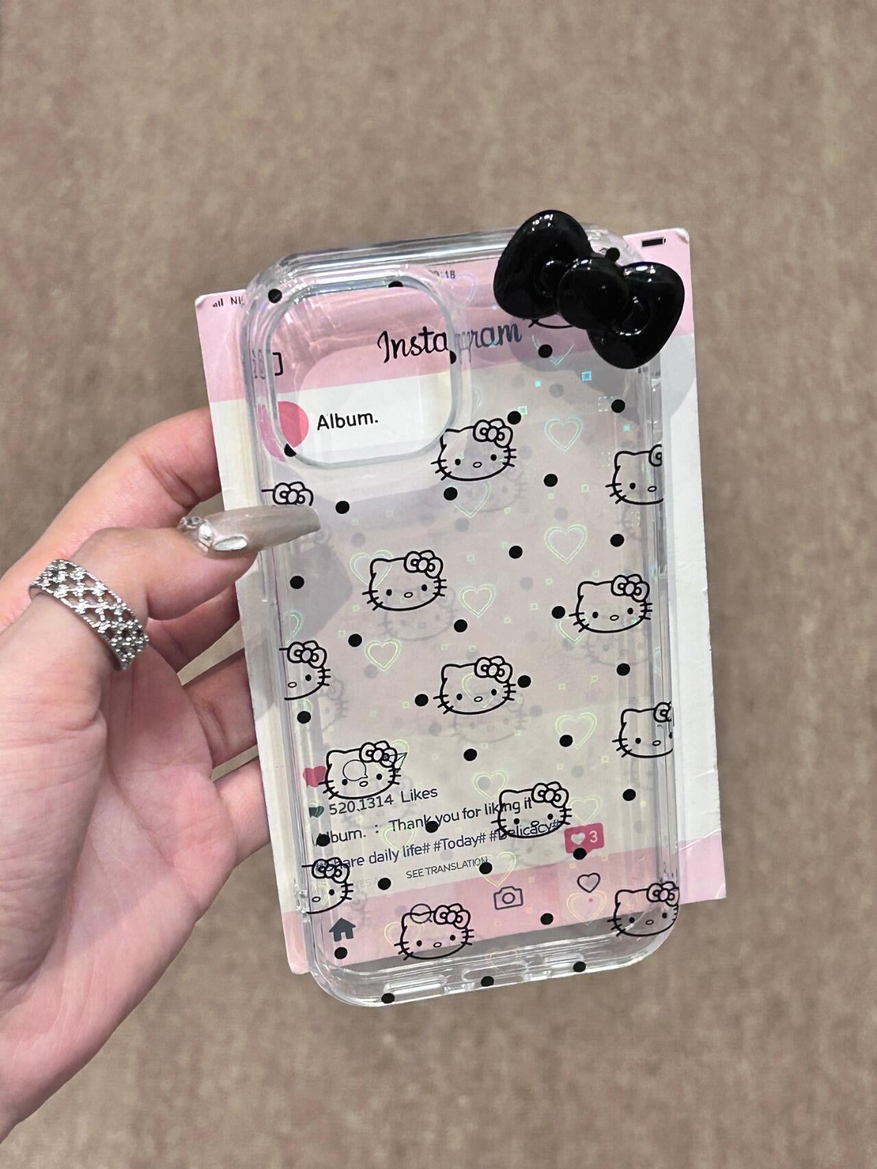 Hellokitty 3D Black Bow Clear Holographic Subtle Heart Cute Kawaii Phone Case #0071