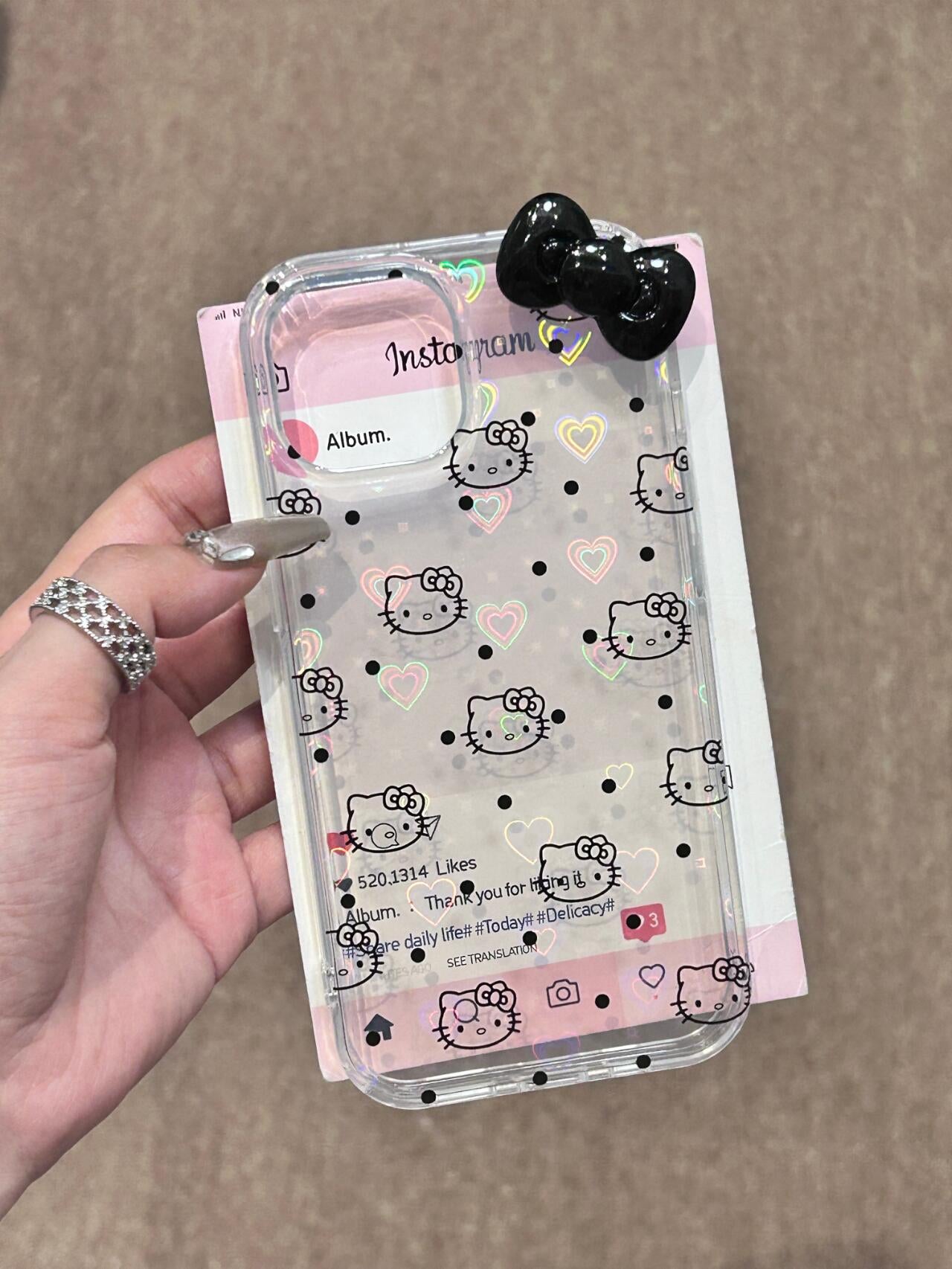 Hellokitty 3D Black Bow Clear Holographic Subtle Heart Cute Kawaii Phone Case #0071